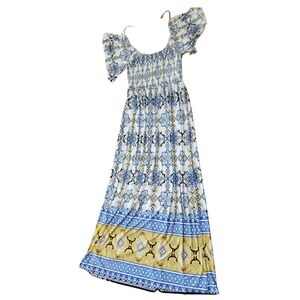 Magic Women 1X Blue Yellow White Tile Print Smocked Off Shoulder Maxi Dress Boho
